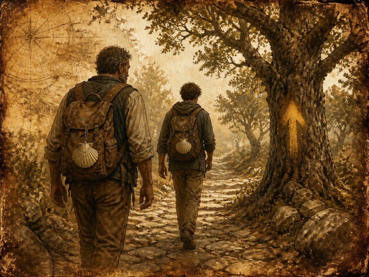 A father and teenage son walking a cobbled path between oaks, scallop shells on their packs